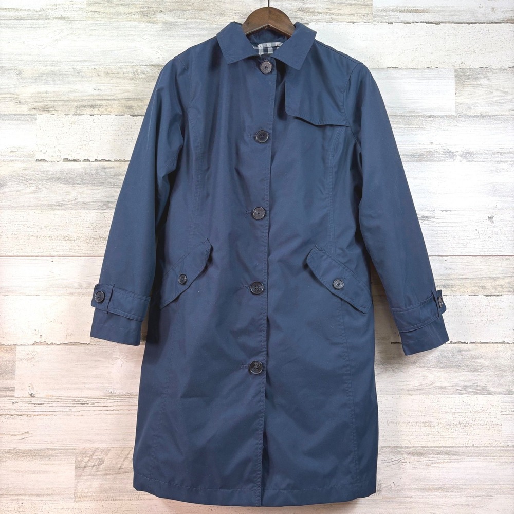 Lands End Womens Navy Blue Trench Coat Gingham Lining Button‎ Front Size S 6-8